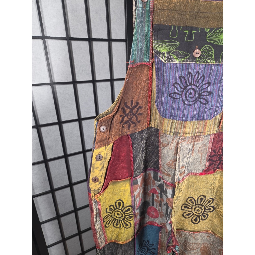 Rhea Patchwork Overalls Womens Boho Corduroy Sun Mushroom Print Multi Color - Picture 3 of 7
